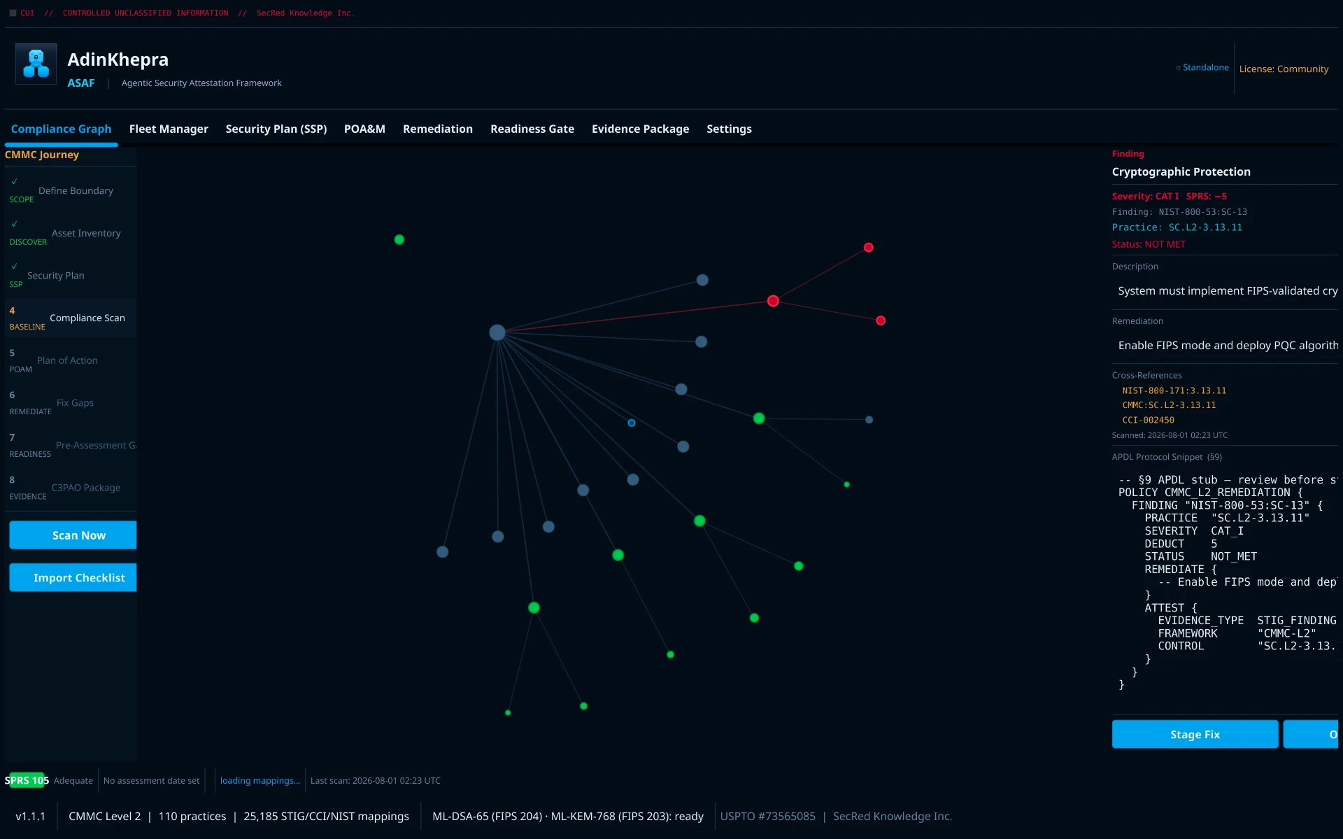 AdinKhepra STARGATE console showing the CMMC compliance graph, CAT I cryptographic protection finding, cross-references, and APDL protocol snippet